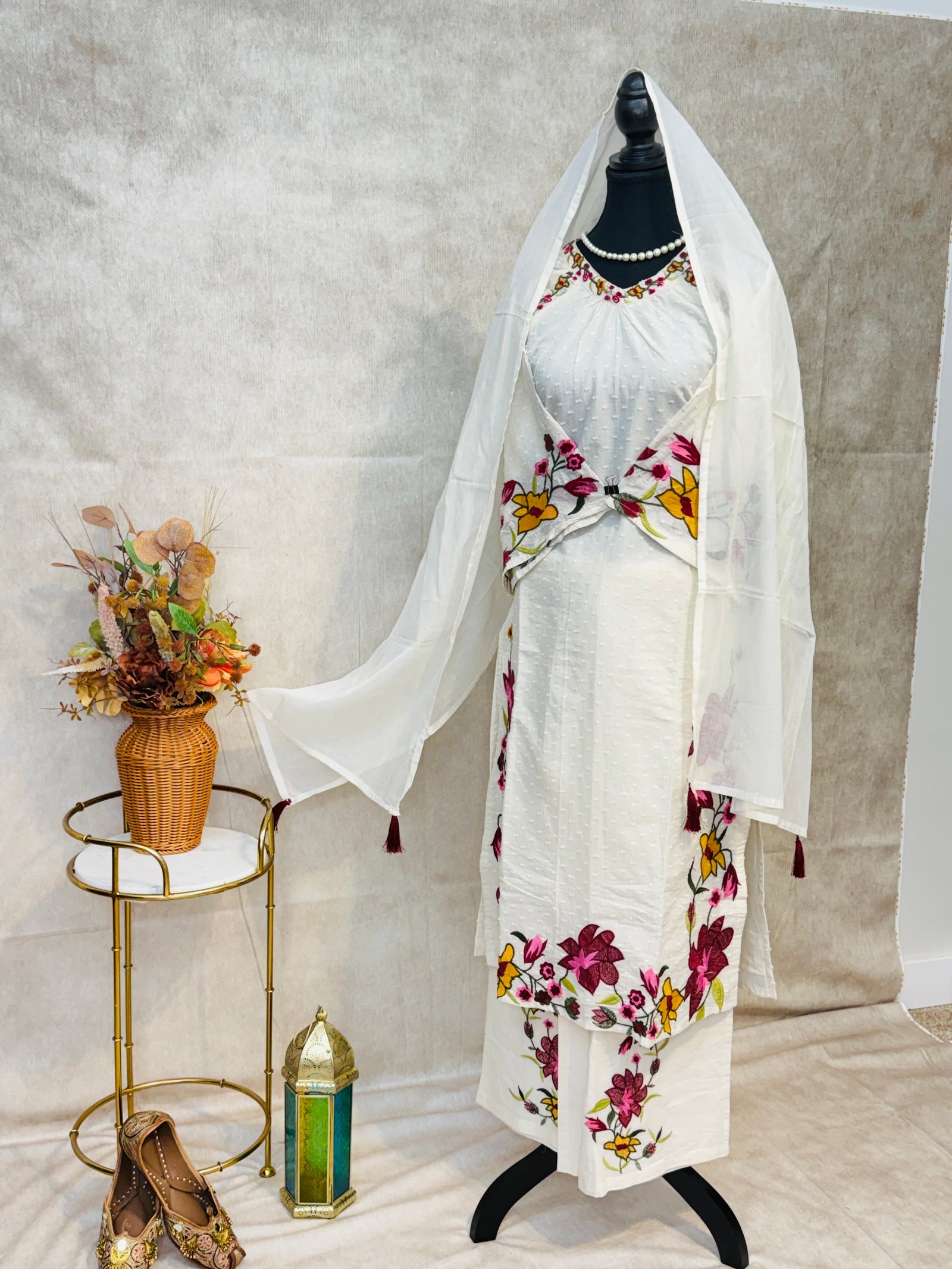 Cream Multicolour Floral Embroidered 3pcs cotton Suit